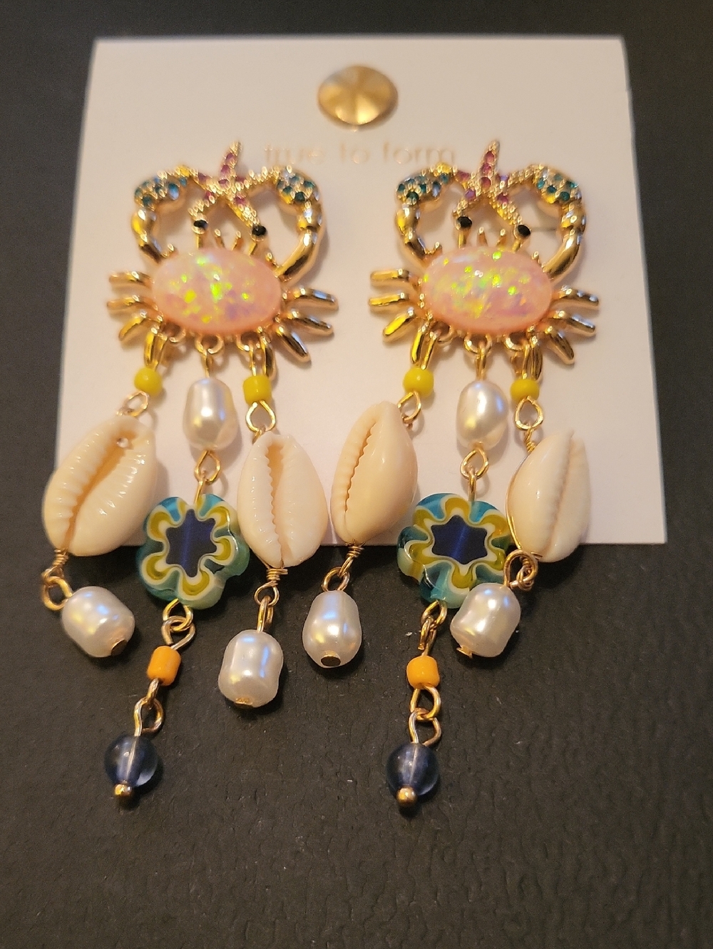 True To Form Opal Crab Starfish Dangle Earrings with Shells and Beads Te